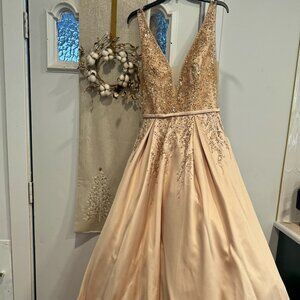 Gold Plunging Beaded Mikado Box Pleated Ballgown Size 10  ( Camille Lavie)